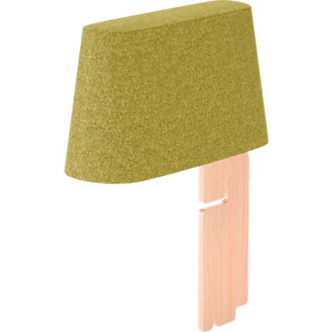 Gelb-grüner Lampenschirm auf einem Holzgestell. Das Holz ist hell.