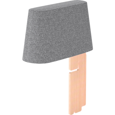Grauer, kegelförmiger Lampenschirm aus Filz, der auf einer Holzhalterung befestigt ist.