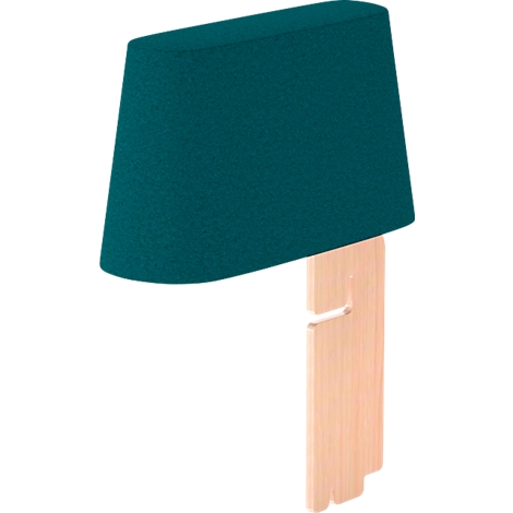 Eine moderne Tischleuchte mit grünem Lampenschirm und Holzfuß. Der Schirm hat eine konische Form.