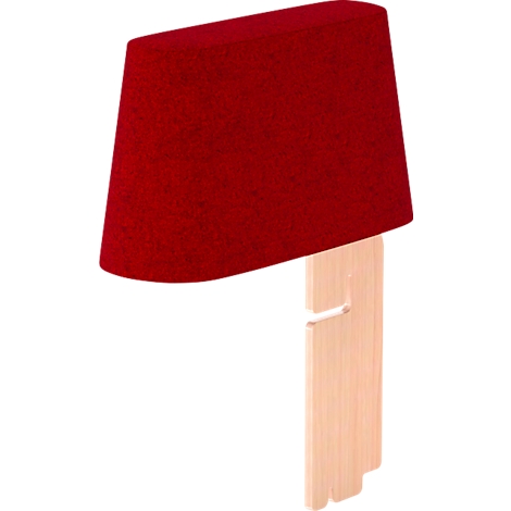 Roter Lampenschirm, trapezförmig, mit hellem Holzfuß.
