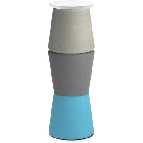 Dreiteiliger, farbiger Hocker mit weißer runder Sitzfläche. Die mittleren Teile sind grau, beige und hellblau.