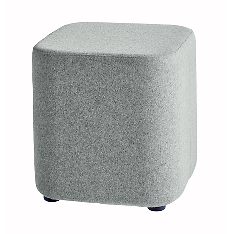 Grauer, quadratischer Hocker mit abgerundeten Kanten. Der Hocker steht auf vier kleinen, blauen Füßen.