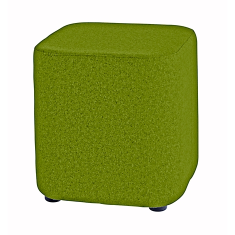 Ein grüner, quadratischer Hocker mit abgerundeten Kanten und kleinen schwarzen Füßen.