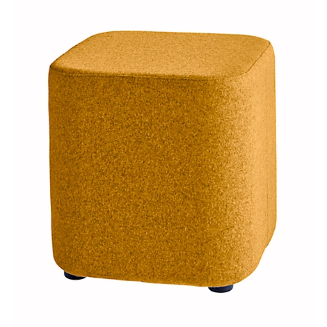 Gelber, quadratischer Hocker mit abgerundeten Kanten und Füßen.