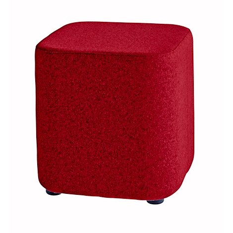Roter, quadratischer Hocker mit abgerundeten Kanten und vier kleinen, schwarzen Füßen.