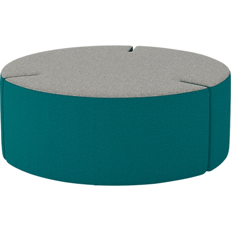 Runder Hocker mit grauem Sitz und türkisfarbenem Korpus. Zwei Schlitze im Sitz.