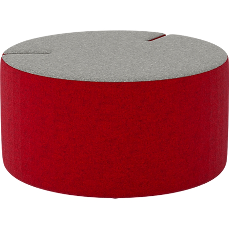 Runder, roter Hocker mit grauem Sitzkissen. Oben eine Nut.