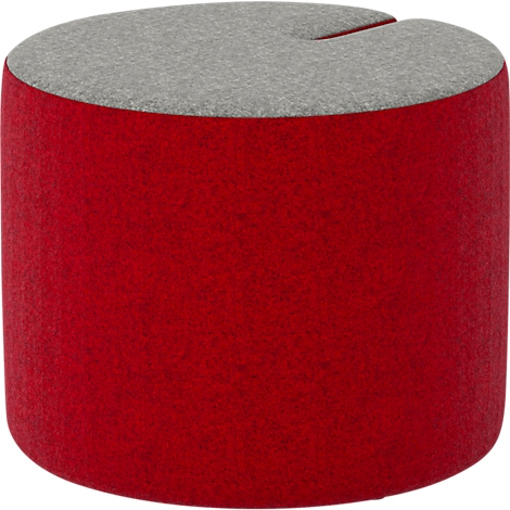 Roter, zylindrischer Hocker mit grauem Sitz. In der Mitte des Sitzes befindet sich eine Aussparung.
