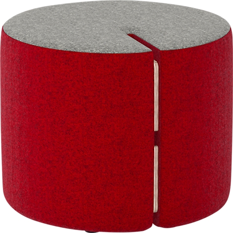 Roter runder Hocker mit grauem Deckel und vertikalem Spalt.