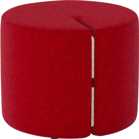 Roter, runder Hocker mit Spalt. Die Spalte zeigt ein helles Material.