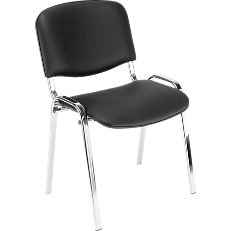 Schwarzer Bürostuhl mit silbernen Beinen und Armlehnen, Seitenansicht.