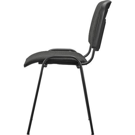 Schwarzer Stuhl im Profil: Sitzfläche und Lehne mit Stoffbezug, Gestell aus Metall. Minimalistisches Design.