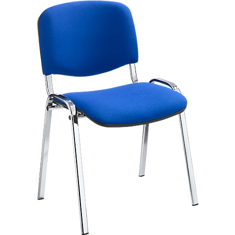 Blauer Stuhl mit Metallbeinen, Rücklehne und Armlehnen.