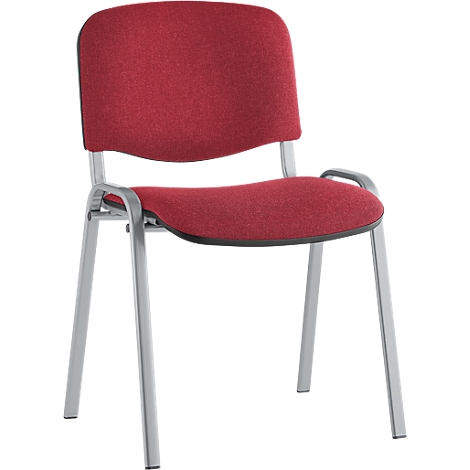 Ein roter Stuhl mit silberfarbenem Gestell. Der Sitz und die Rückenlehne sind gepolstert. Armlehnen sind vorhanden.