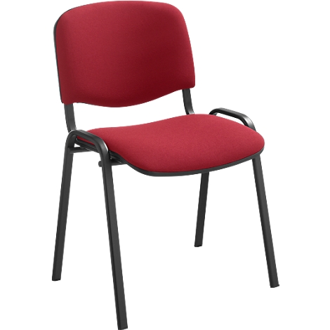 Roter Stuhl mit schwarzem Gestell. Die Sitzfläche und die Rückenlehne sind gepolstert.
