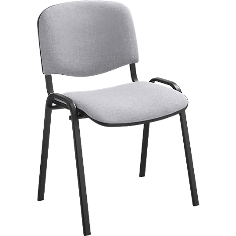 Grauer Stuhl mit schwarzen Metallbeinen und Armlehnen. Rückenlehne und Sitz sind gepolstert.