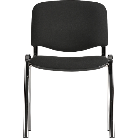 Schwarzer Stuhl mit Rückenlehne und Sitzfläche auf einem metallischen Gestell.