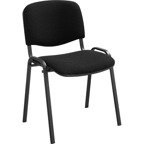Ein schwarzer Stuhl mit gepolstertem Sitz und Rückenlehne, Metallgestell.