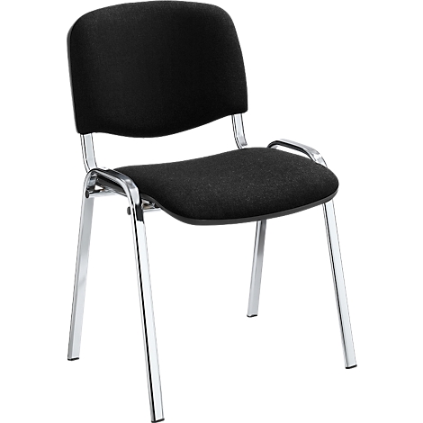 Schwarzer Bürostuhl mit Metallgestell. Sitz und Rückenlehne aus Stoff.