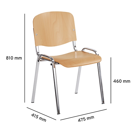 Holzstuhl mit Metallgestell, Maße angegeben: 810 mm hoch, 460 mm Sitzhöhe, 415 mm breit, 475 mm tief.