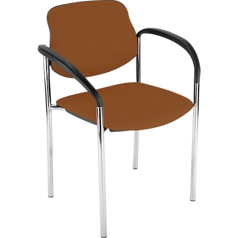 Bürostuhl mit brauner Sitzfläche, Rückenlehne, Armlehnen und silbernen Beinen.