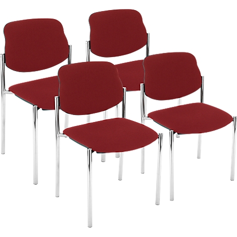 Fünf rote Stühle mit Metallbeinen. Die Stühle sind leicht geneigt angeordnet.