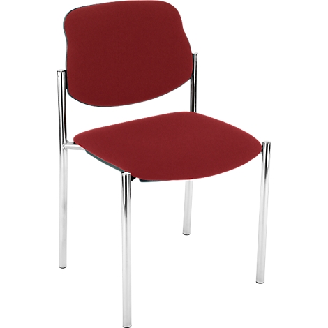 Ein roter Stuhl mit Chrombeinen. Sitzfläche und Rückenlehne sind gepolstert.