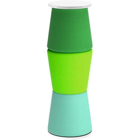 A tri-colored stool in shades of green, yellow, and turquoise with a white seat.