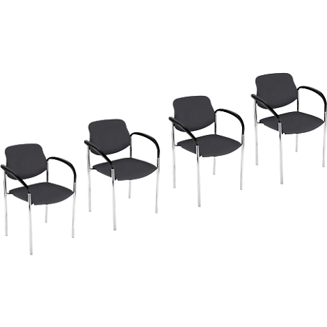 Quatre chaises de conférence grises avec accoudoirs noirs et pieds argentés.