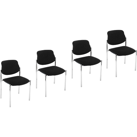 Quatre chaises noires avec des pieds en métal sur fond blanc.