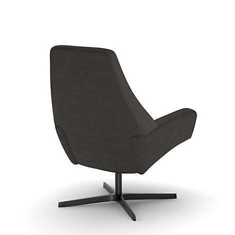 Een grijze fauteuil, gefotografeerd van achteren. Hij staat op een zwarte kruisvoet.