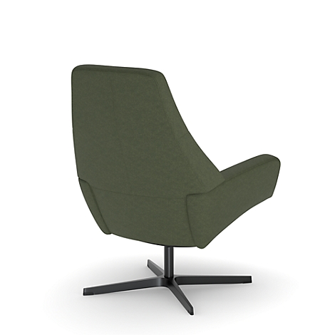 Een groene cocktailstoel van achteren, op een zwart kruisvoet, tegen een witte achtergrond.