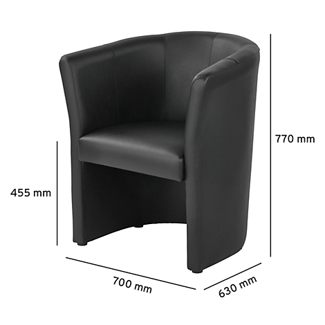 Fauteuil cocktail noir et arrondi. Dimensions : 770 mm de haut, 700 mm de large, 630 mm de profondeur. Hauteur d'assise : 455 mm.