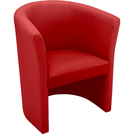 Fauteuil rouge semi-circulaire avec accoudoirs. Le dossier est relevé et forme une forme incurvée.