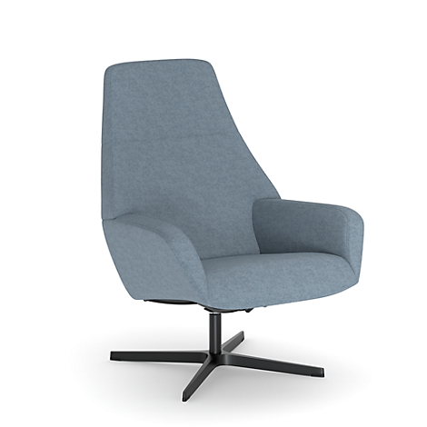 Fauteuil pivotant bleu avec base noire sur fond blanc.