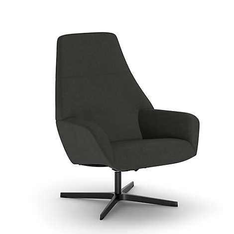 Fauteuil pivotant haut gris foncé avec piètement noir sur fond blanc.