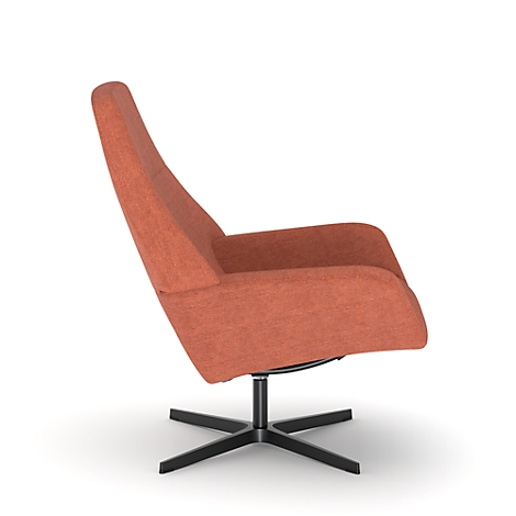 Un fauteuil orange avec une base en étoile sur fond blanc. Le fauteuil a un haut dossier et des accoudoirs.