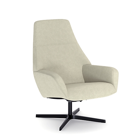 Fauteuil pivotant beige avec base en étoile noire sur fond blanc.