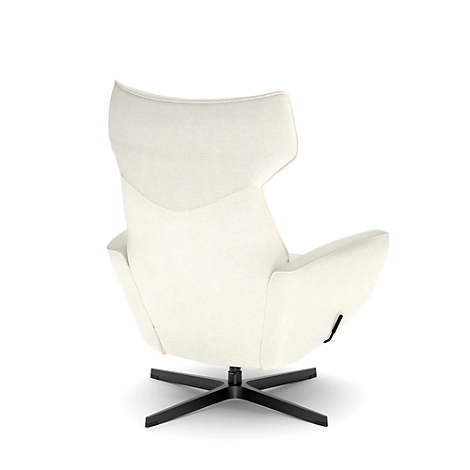 Fauteuil en tissu blanc, fauteuil pivotant, base noire, fond blanc.