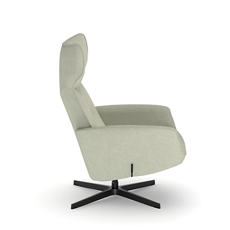 Fauteuil beige avec haut dossier. Cadre noir, sur fond blanc.