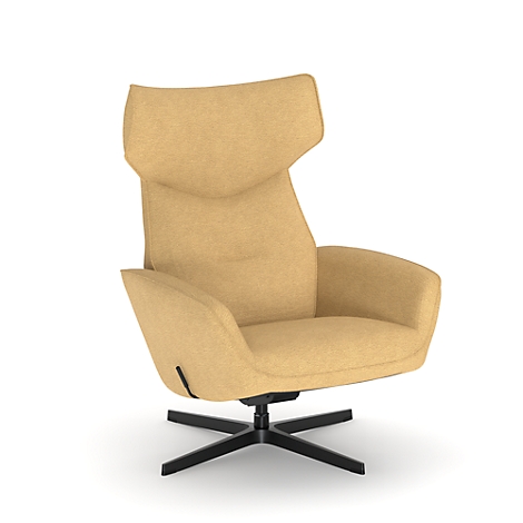 Fauteuil inclinable beige, dossier haut, piètement noir.