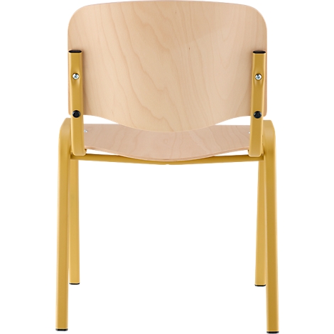 Stoel van licht hout met een geel frame, achteraanzicht. Details: Rugleuning en zitting zijn lichtbruin, frame geel.
