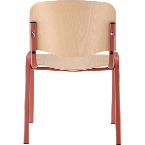 Achteraanzicht van een stoel met houten rugleuning en rood metalen frame. De zitting en rugleuning zijn van licht hout.