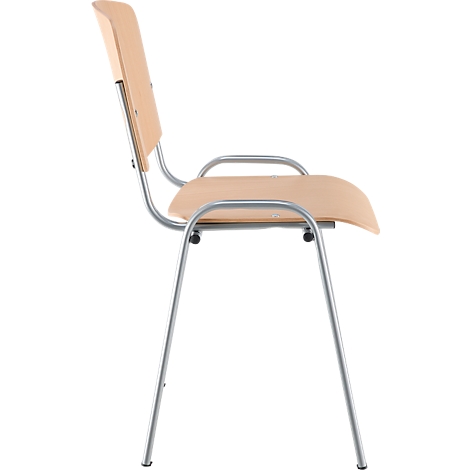 Side view of a wooden chair with metal legs. The seat and backrest are light brown, the frame is silver.