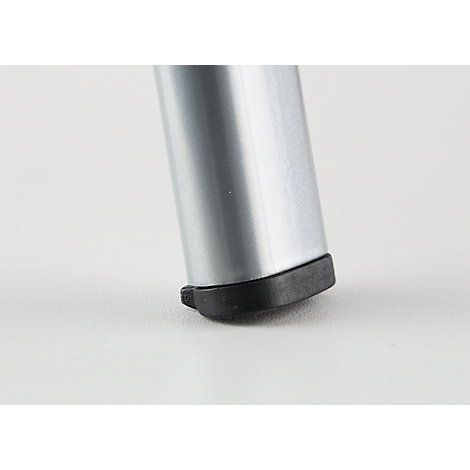 Close-up of a silver table leg with a black rubber foot against a light background.
