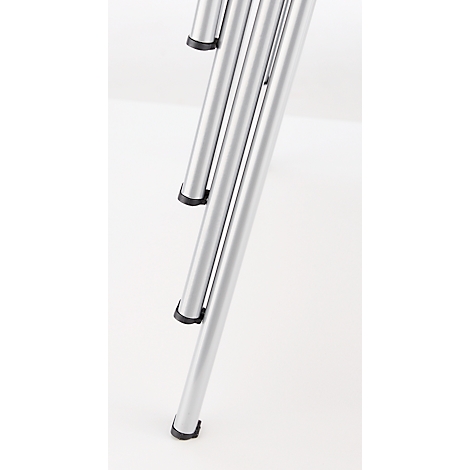 Close-up of three silver shiny table legs on a white background. Black rubber feet on the ends.