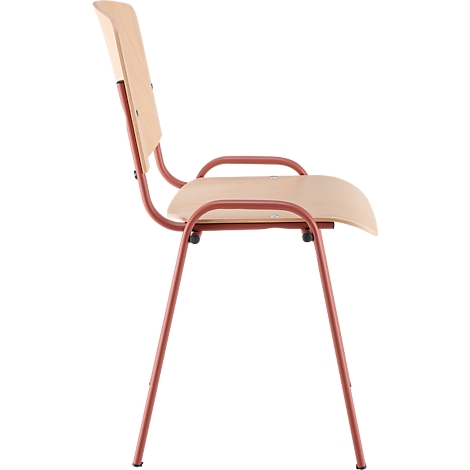 Wooden chair with red frame. Light seat and backrest, metal frame.