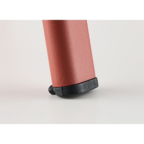 Close-up of a chair leg. The leg is reddish brown, the foot part black. The background is light gray.