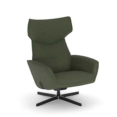 Een groene fauteuil met hoge rug en zwart onderstel op een witte achtergrond.