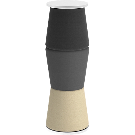 A three-tiered stool with a round, white top. The middle section is gray, the bottom is beige.